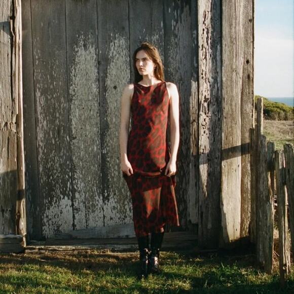 Realisation Tatjana Silk Boatneck Bias Slip Midi Maxi Dress Red Rouge Leopard - Picture 6 of 14